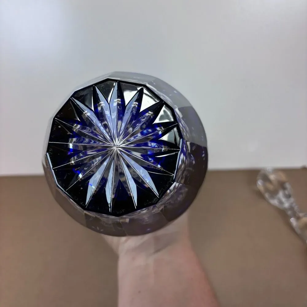 Tall Cobalt Blue Cut to Clear Crystal Decanter w/ Stopper 15” Bohemian Vintage